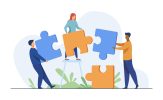 Partners holding big jigsaw puzzle pieces Partners holding big jigsaw puzzle pieces flat vector illustration. Successful partnership, communication and collaboration metaphor. Teamwork and business cooperation concept.